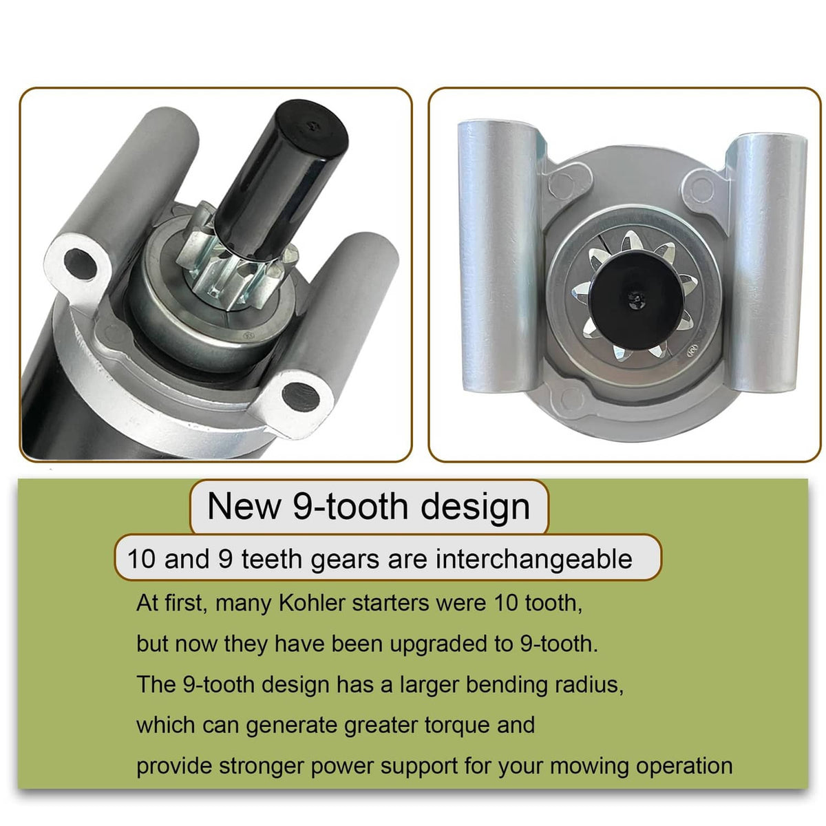 Lawn mower starter motor with gear housing and black drive cap