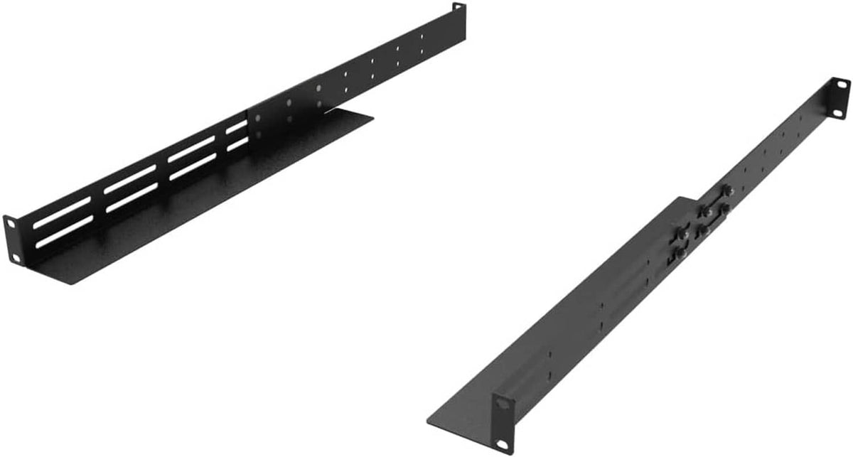 Pair of black rack mount rails with perforated sections and side end brackets