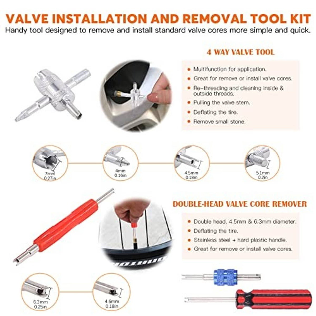 Valve core installation/removal kit with 4-way and dual-head tools, red handle