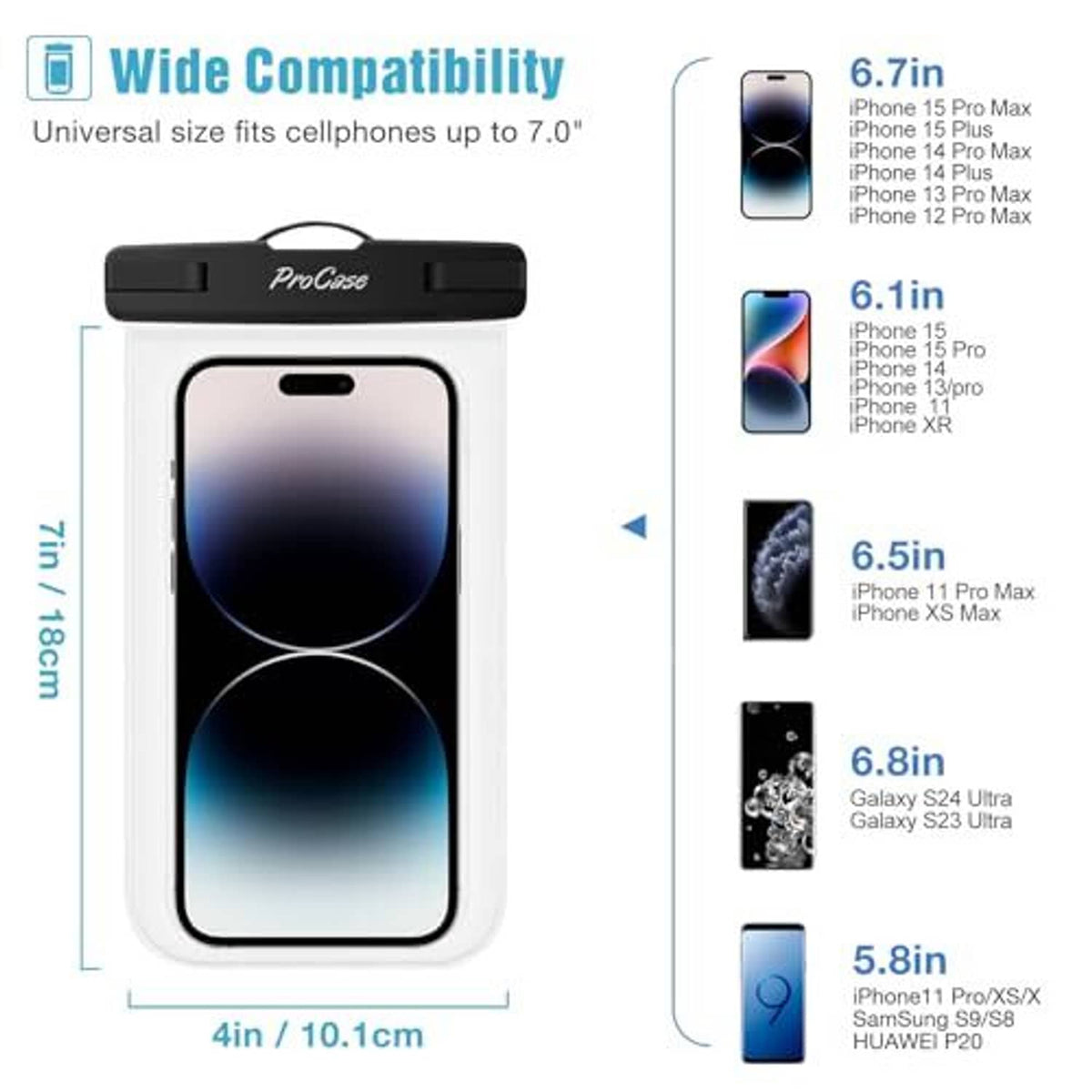 Clear phone waterproof pouch with black top seal and size chart for phones up to 7 in