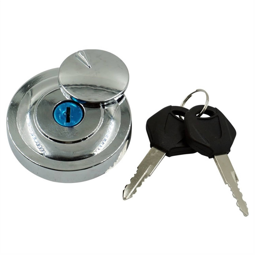 Chrome fuel tank cap with blue key cylinder and included key set