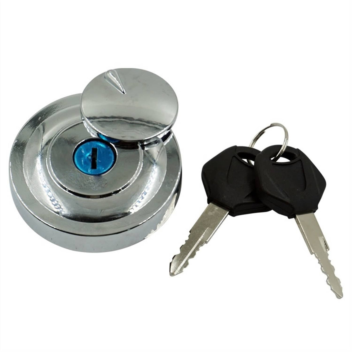 Chrome fuel tank cap with blue key cylinder and included key set
