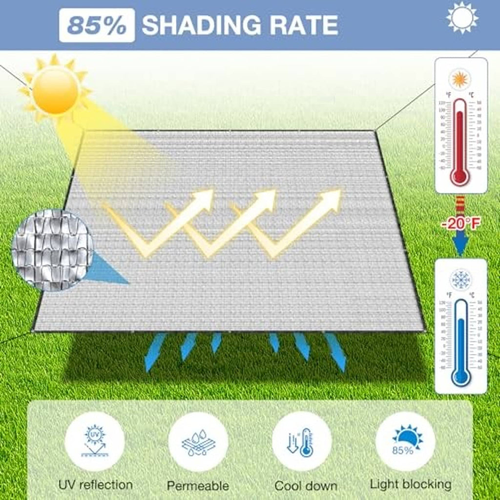 Silver reflective aluminet shade cloth sheet with a woven grid pattern on grass