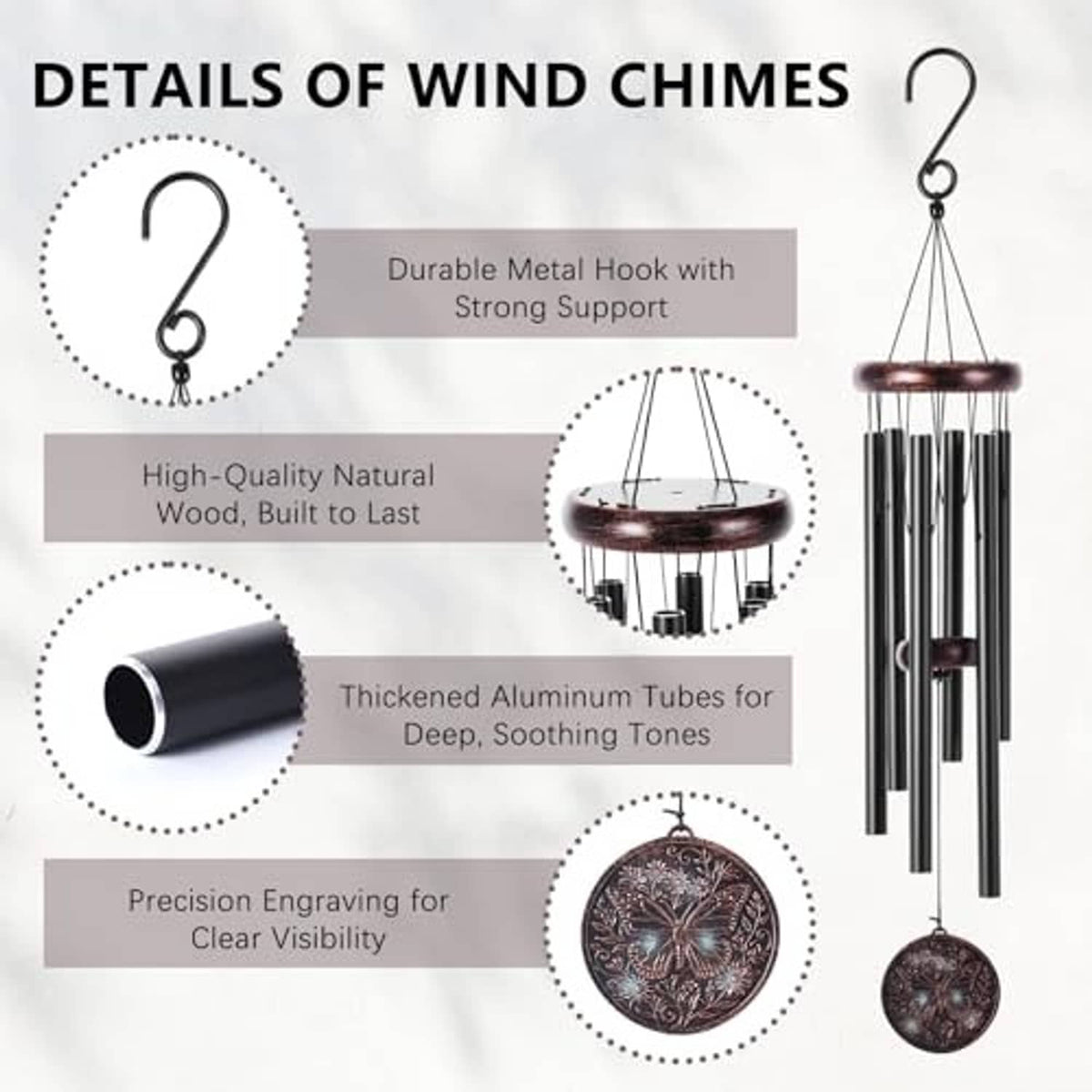 Wind chime showing hanging hook, thick tubes, and engraved butterfly medallion disc