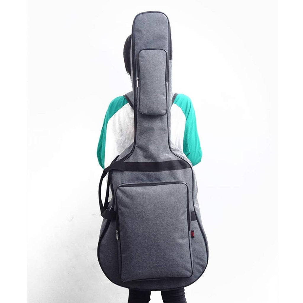 Dark gray padded guitar gig bag with adjustable shoulder straps and front zip pocket.