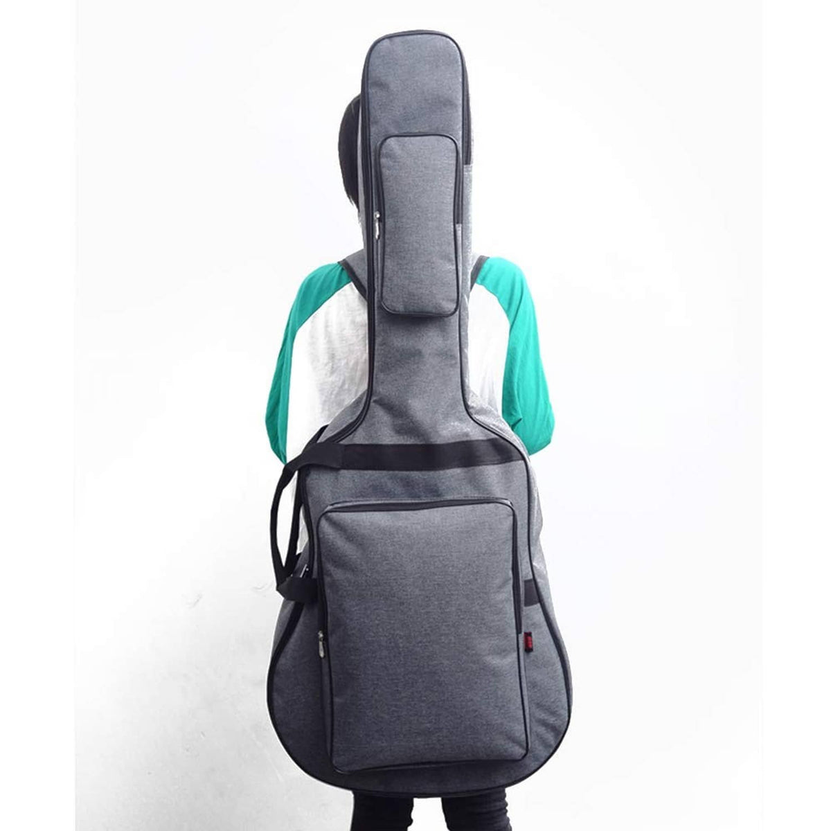 Dark gray padded guitar gig bag with adjustable shoulder straps and front zip pocket.