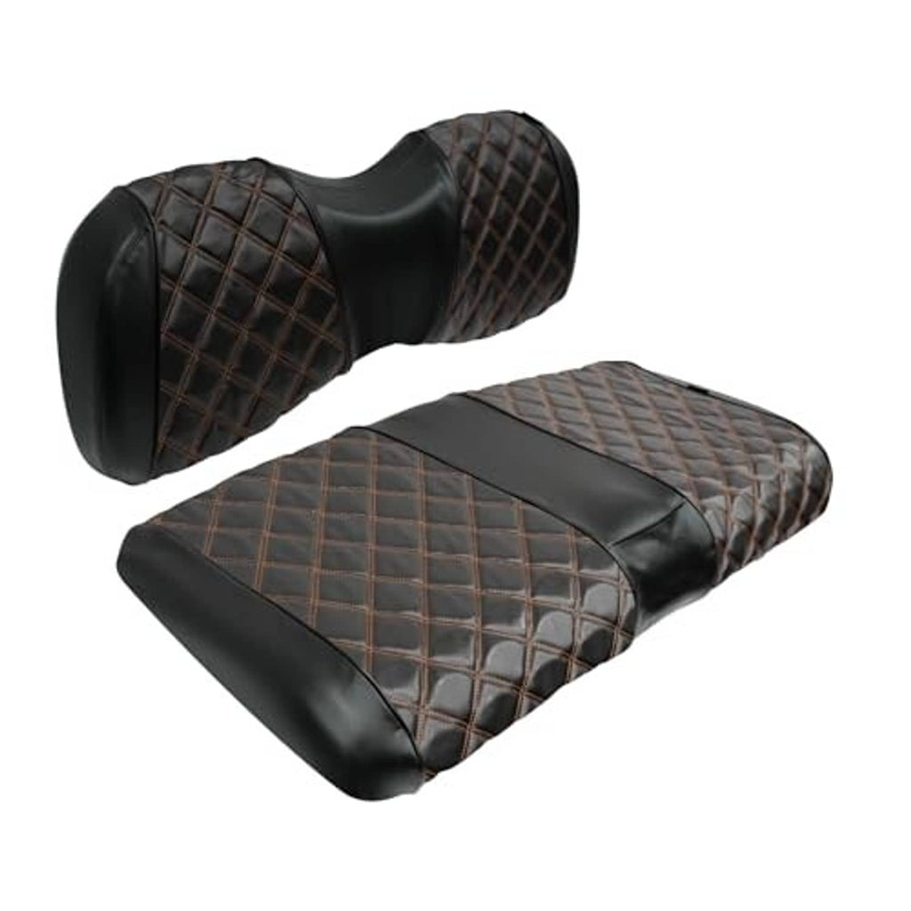 Golf cart front seat covers with black leather-look and brown diamond quilting on backrest and base