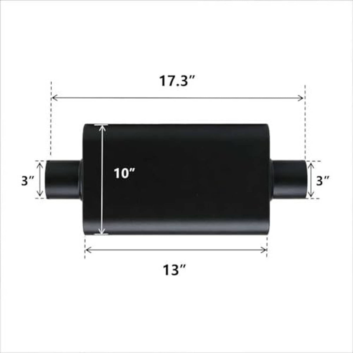 Black exhaust muffler dimensions: 17.3 in long, 10 in body, 3 in end ports.
