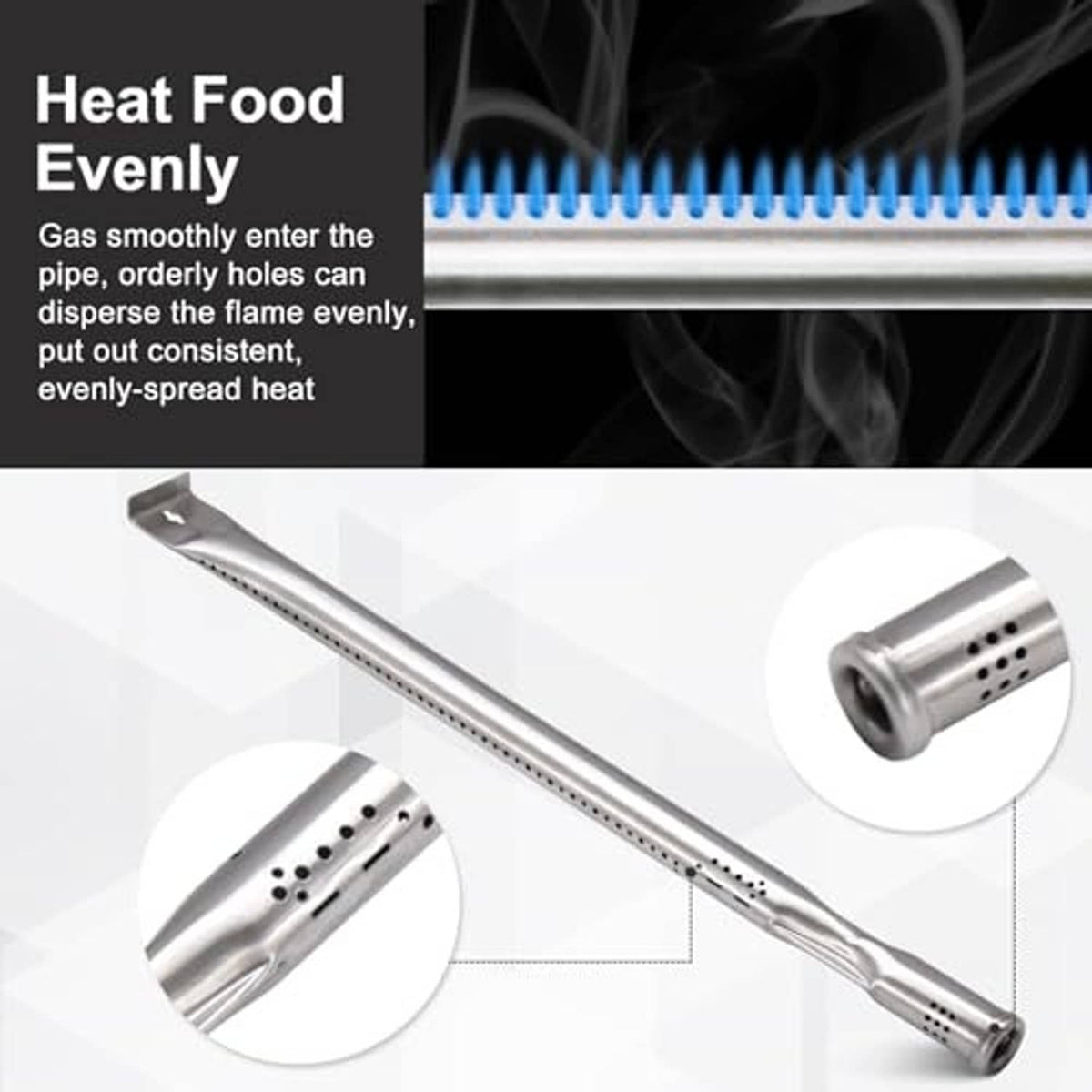 Stainless steel burner tube with multiple hole rows for gas flame dispersal