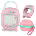 Pink hard EVA and teal-trim silicone speaker case with wrist strap and open screen window.