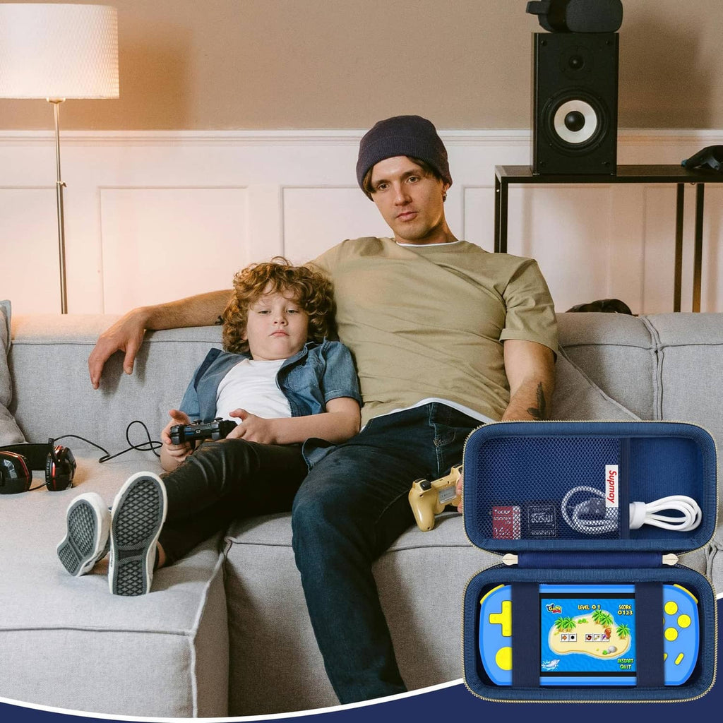 Blue zippered game carrying case with cord storage and handheld game inside