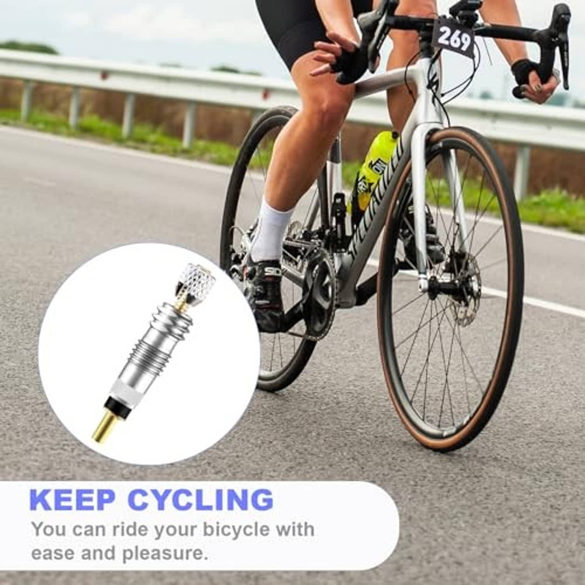 Presta valve core with gold inlet shown on bicycle wheel, chrome valve body