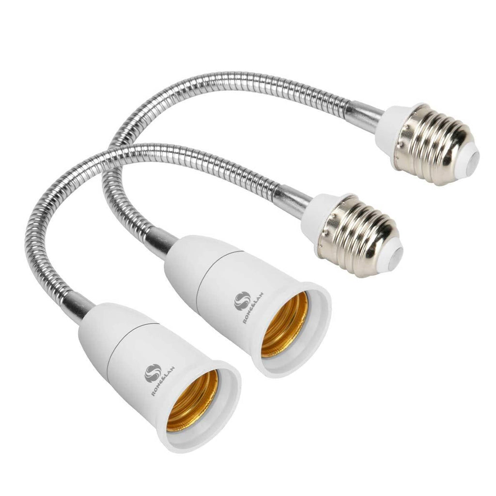 Rong&lan E27 flexible bulb extender adapter with two white sockets and chrome gooseneck cables