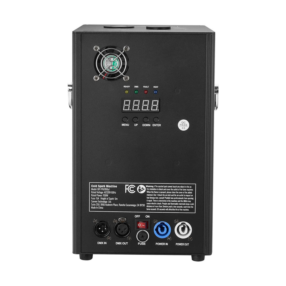 Back view of black cold spark machine with circular fan and LED control display