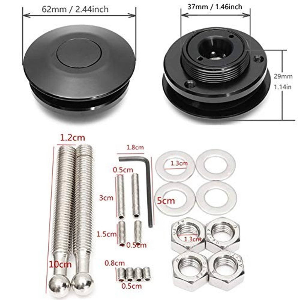 Black hood latch pins, screws, nuts, and washers with size diagram
