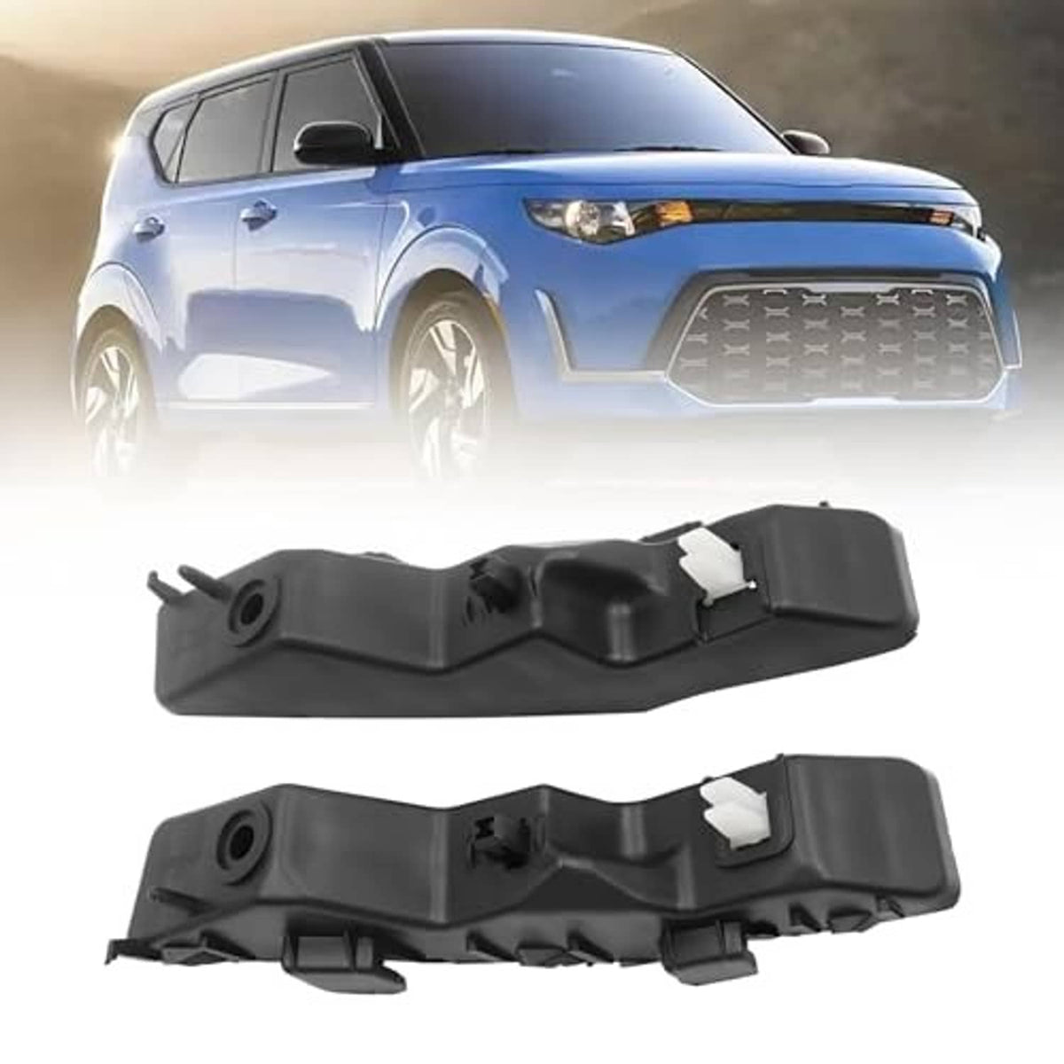 Black bumper bracket pieces with mounting tabs and blue SUV front view