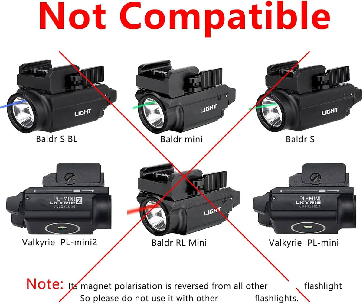 Magnetic charger incompatibility graphic with crossed-out flashlight silhouettes