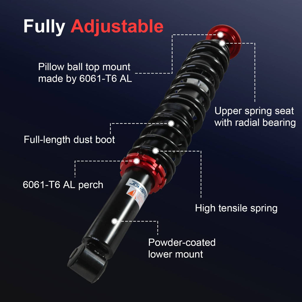 Fully adjustable coilover strut with black spring, red perch, and full-length dust boot