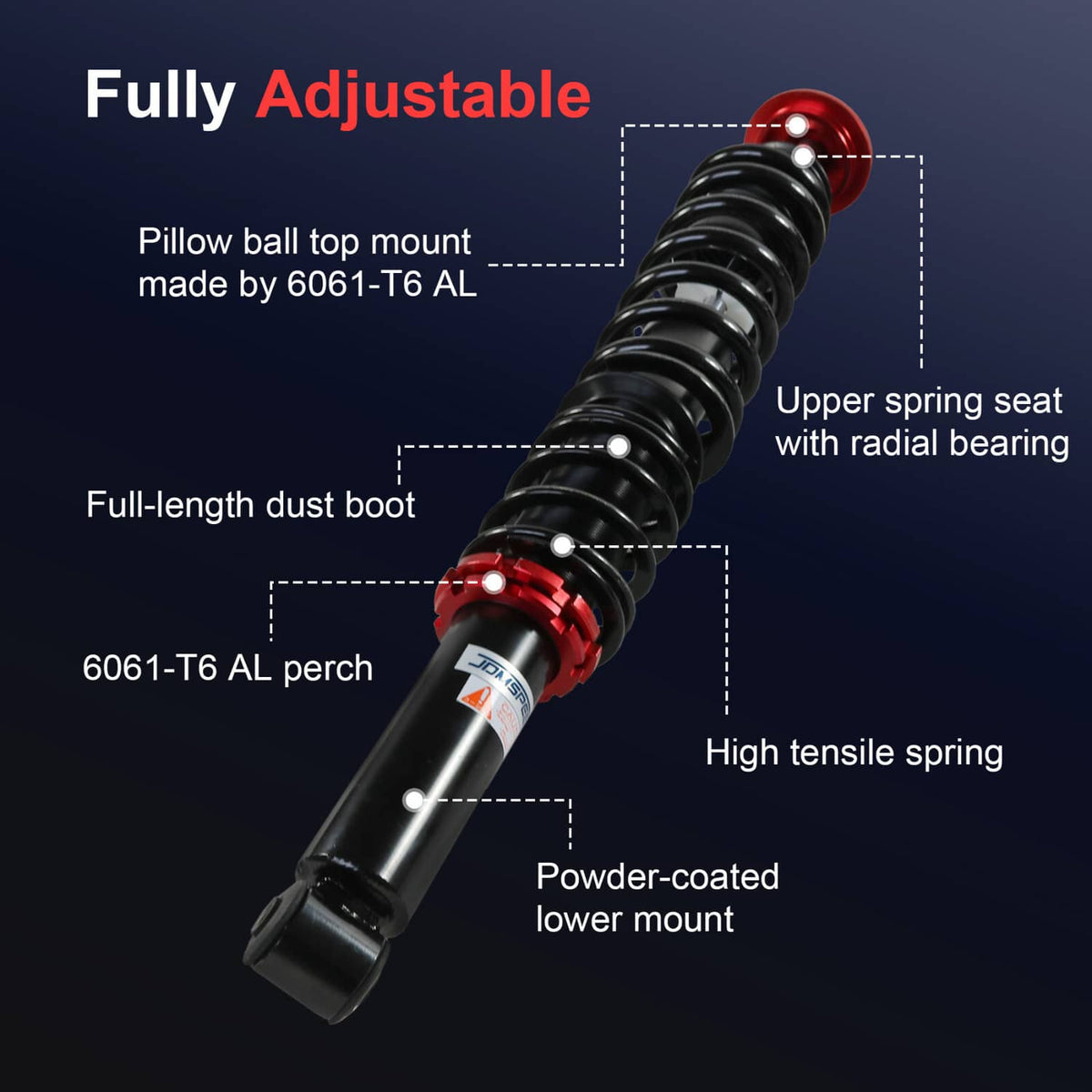 Fully adjustable coilover strut with black spring, red perch, and full-length dust boot