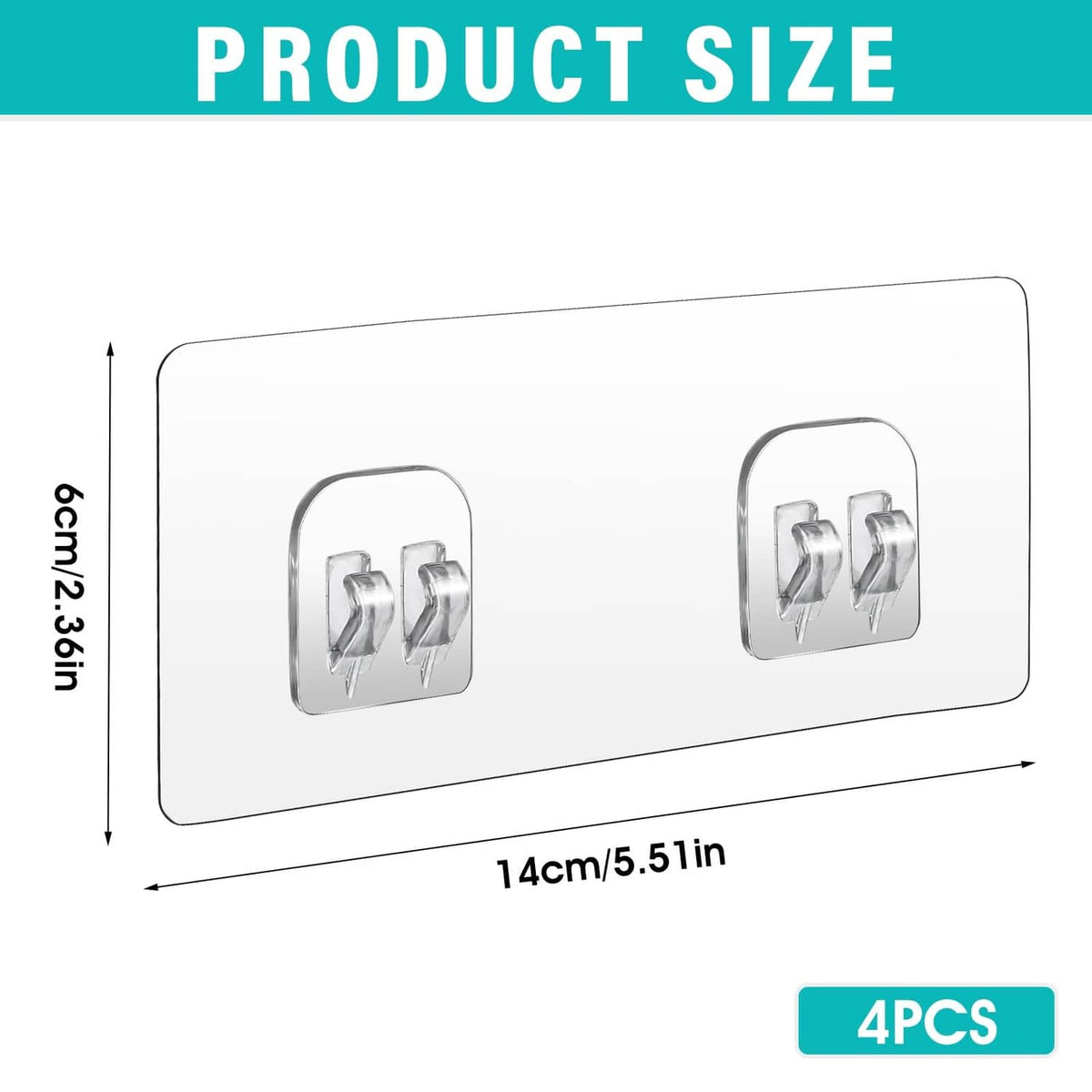 4-pack adhesive hook size diagram with two mounting clips and measurements