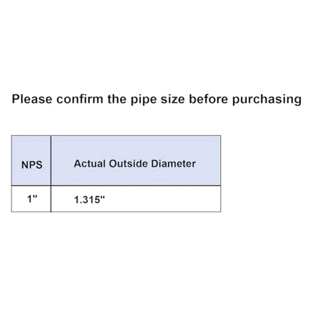 1 in NPS pipe size confirmation chart with actual outside diameter 1.315 in