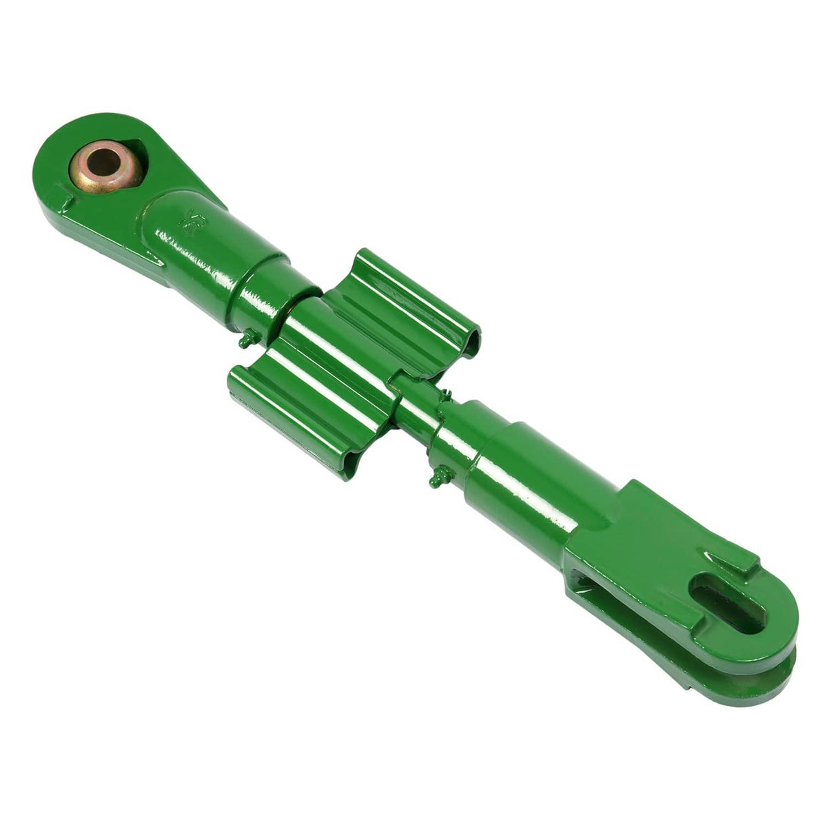 Green 3-point tractor lift link with pin hole bushing and forked bracket