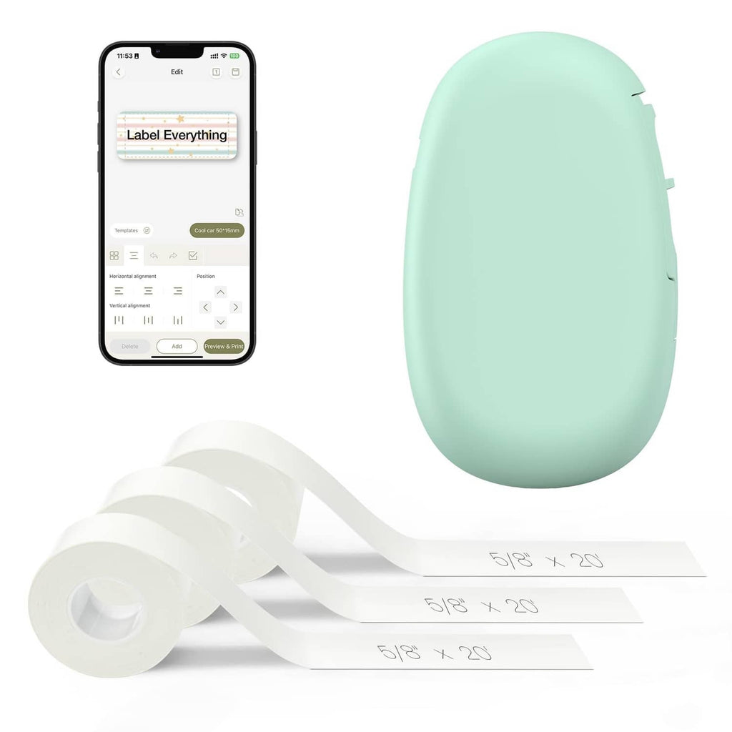 Mint-green portable Bluetooth label maker with white label tapes and a smartphone screen