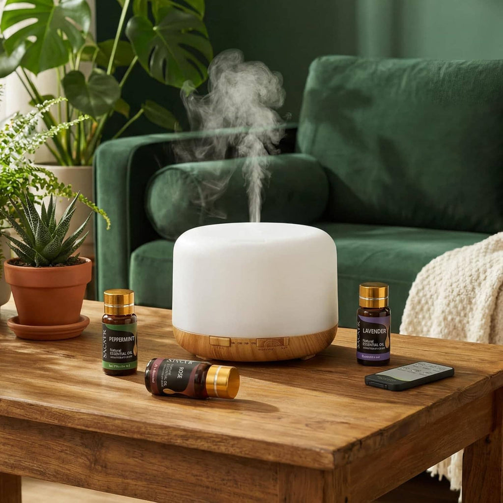 Diffuser with mist and four small essential oil bottles with gold caps on wooden table