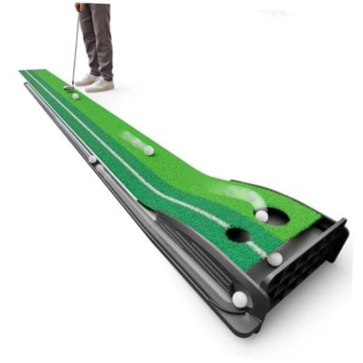 Indoor golf putting mat with green turf, white guide lines, two holes, and practice balls