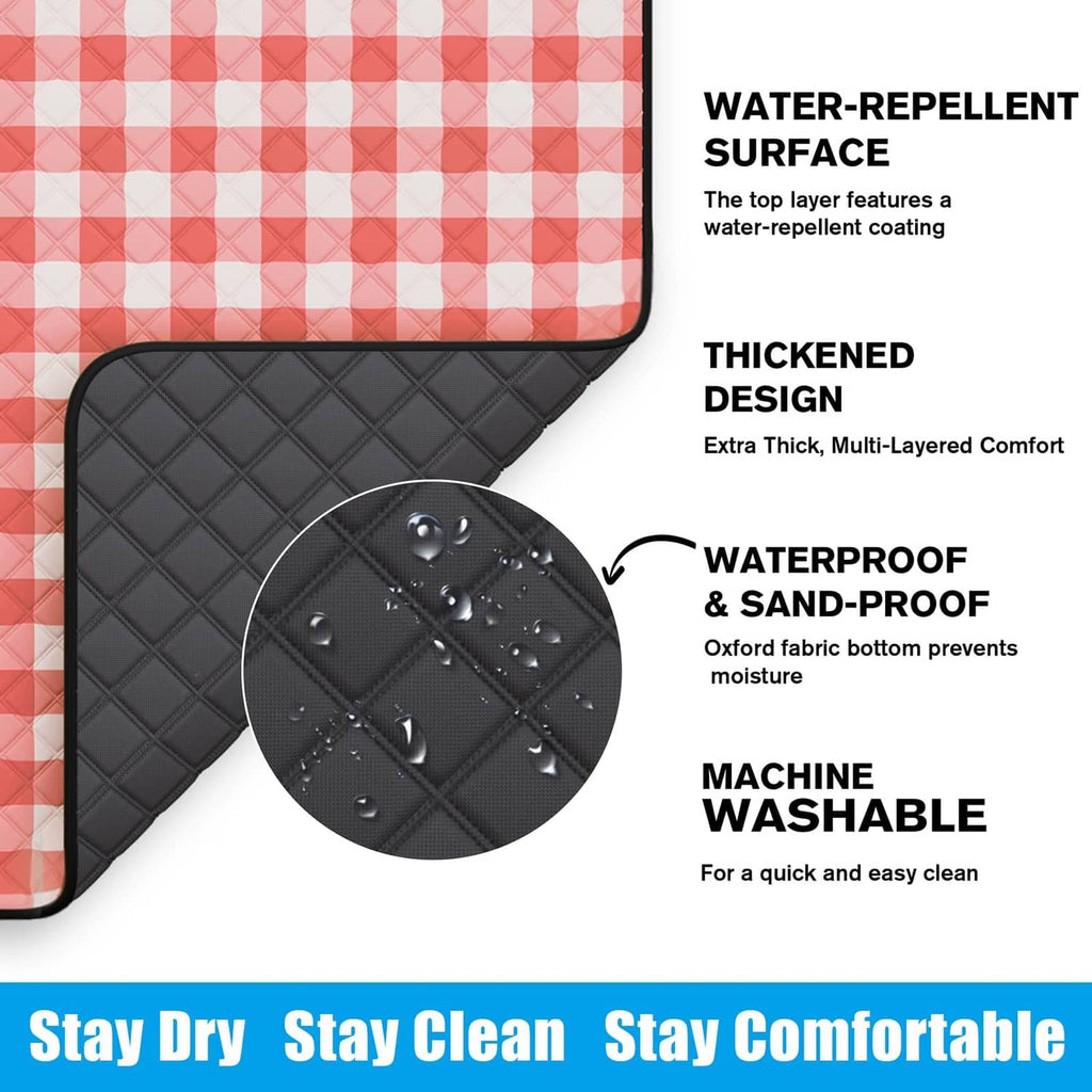 Red-and-white check blanket with black quilted waterproof backing and water droplets