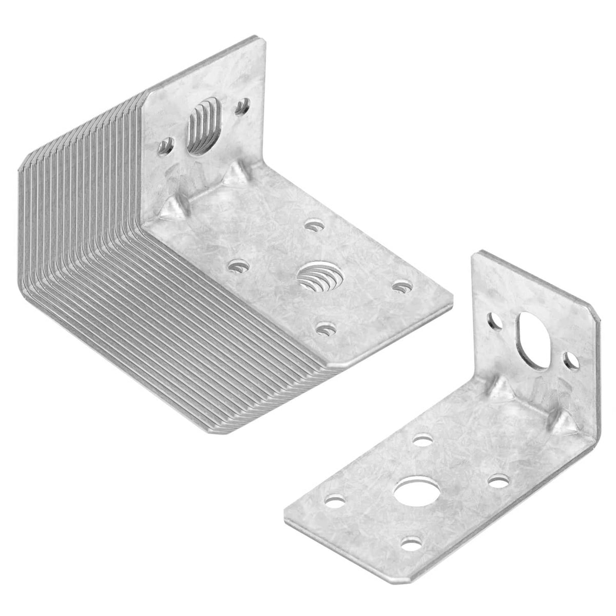 Pack of silver L-angle corner brace brackets with punched mounting holes and reinforced corner.