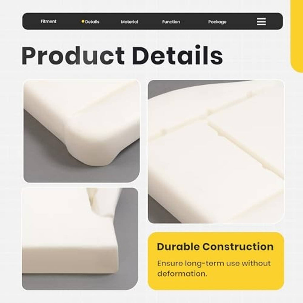 Seat cushion corner view, white foam with smooth rounded edge and channel detail