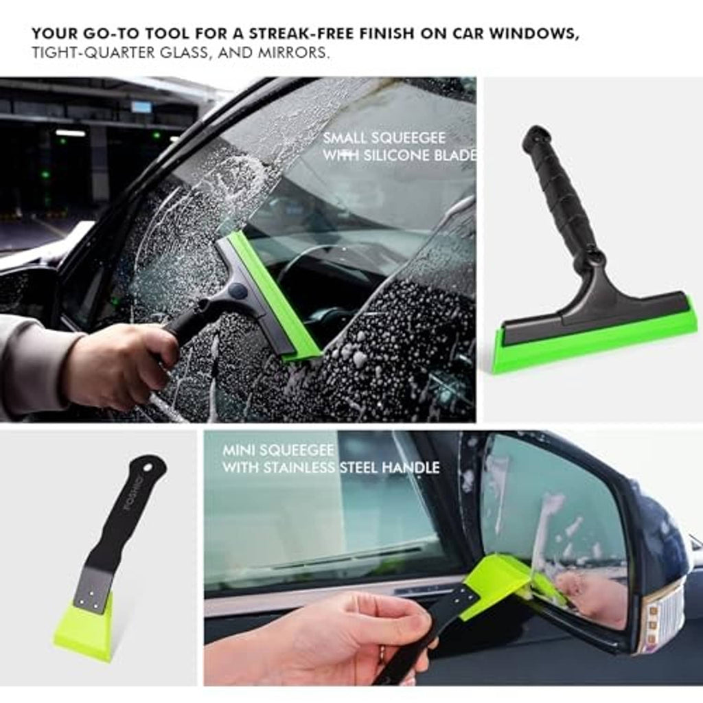 Small green-and-black squeegee and mini squeegee for streak-free car window cleaning