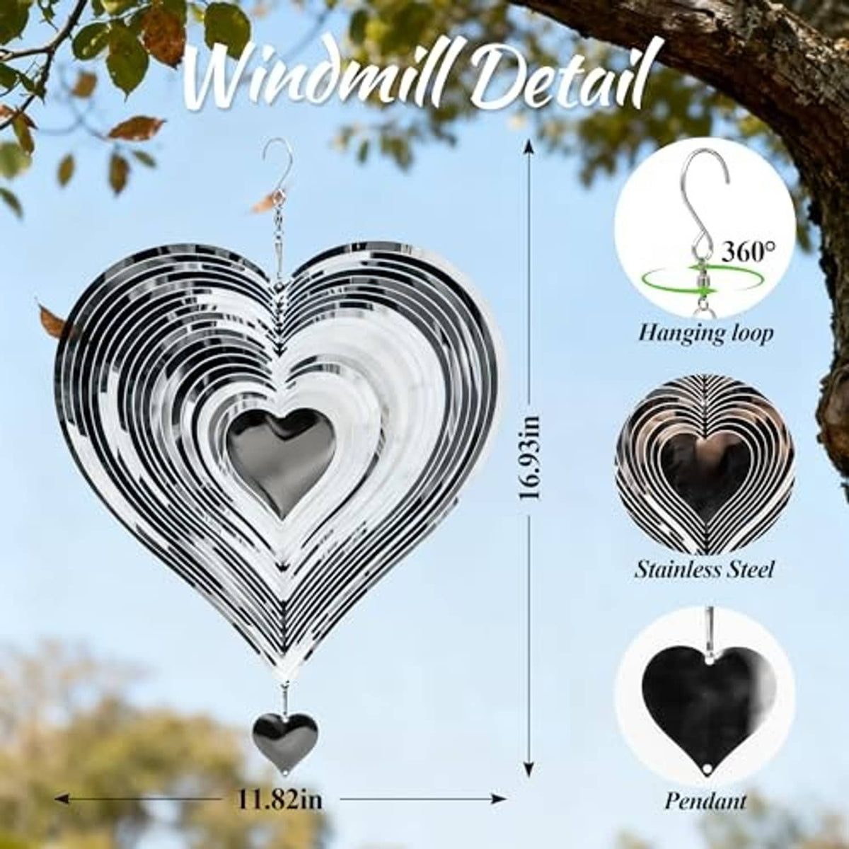 Heart wind spinner with hanging loop and small pendant, stainless steel striped rings