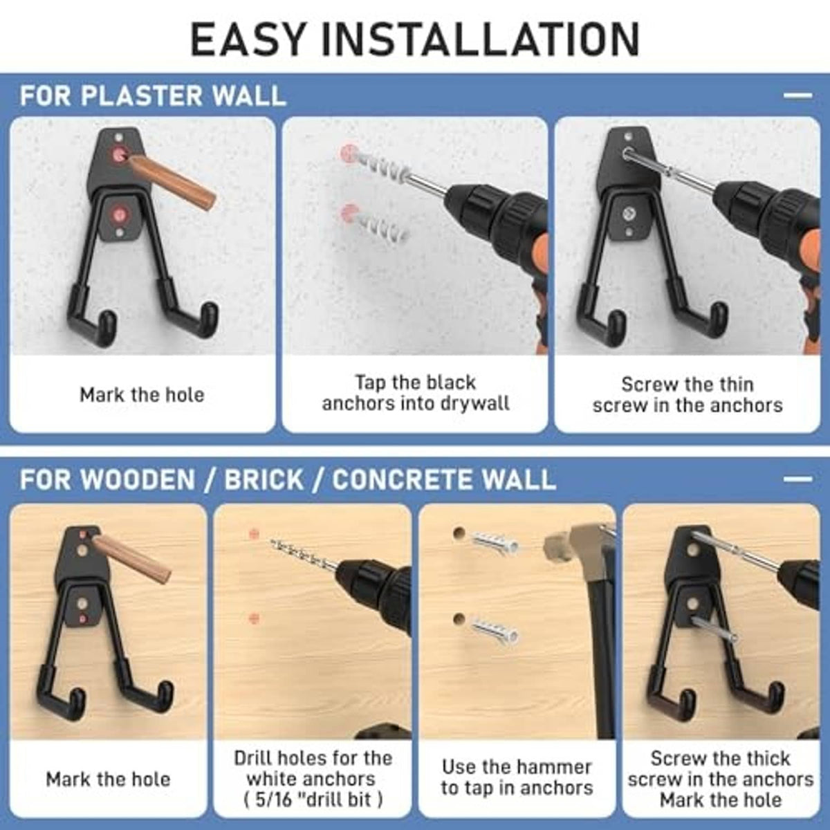 Easy installation guide for wall mount garage hooks on plaster, wood, brick, and concrete