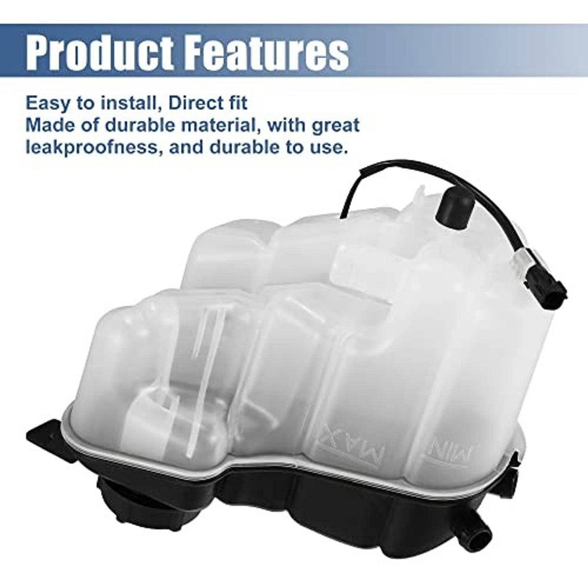 Coolant radiator reservoir tank with translucent white reservoir and black base