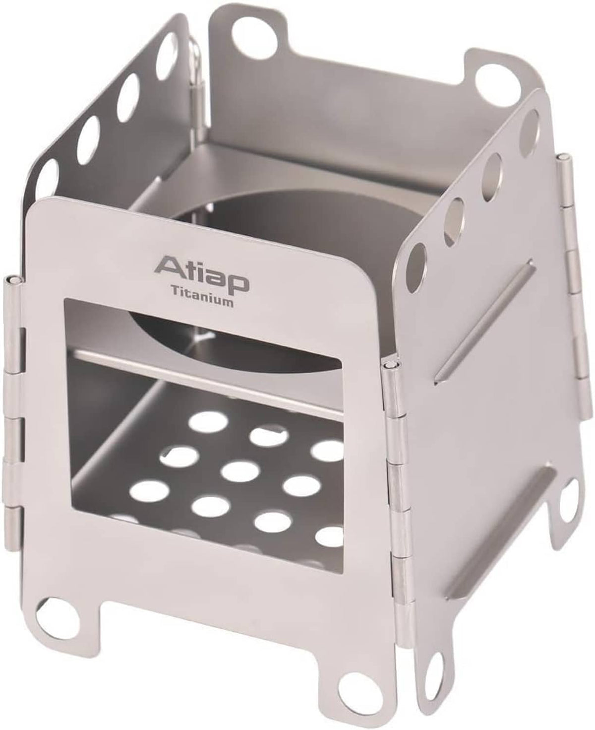Foldable titanium wood-burning stove with perforated wind shields and raised grate