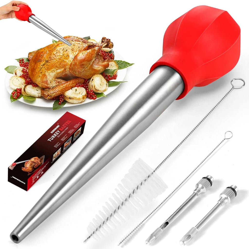 Stainless turkey baster with red bulb head, cleaning brush, and injector needles set