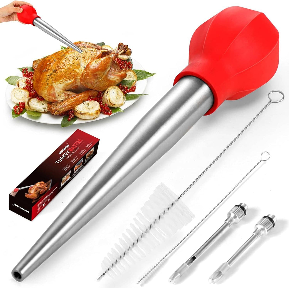 Stainless turkey baster with red bulb head, cleaning brush, and injector needles set
