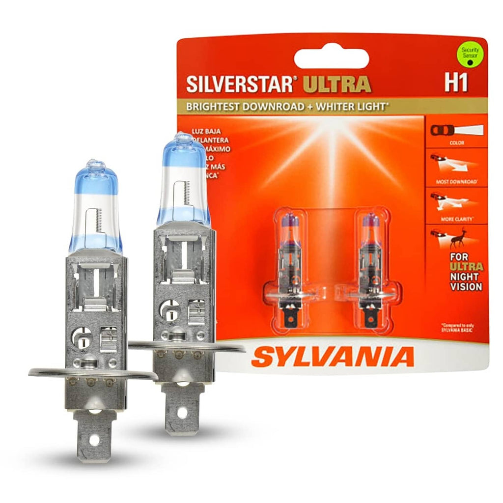 H1 halogen headlight bulb with blue glass and metal base, in Sylvania packaging