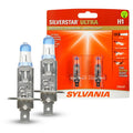 H1 halogen headlight bulb with blue glass and metal base, in Sylvania packaging