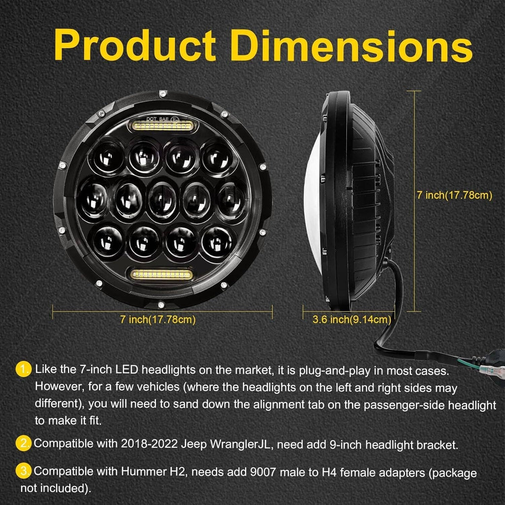 7-inch round LED headlight with mounting area; front and side views, black housing