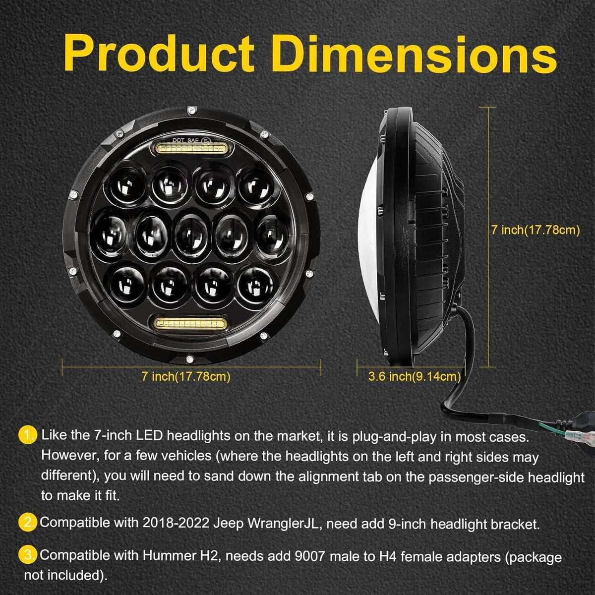 7-inch round LED headlight with mounting area; front and side views, black housing