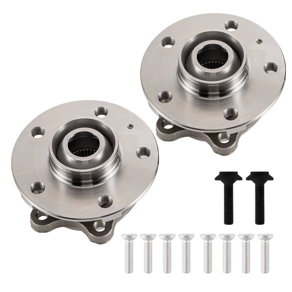 Wheel hub bearing assembly pair with flange mounts, two black bolts, and studs