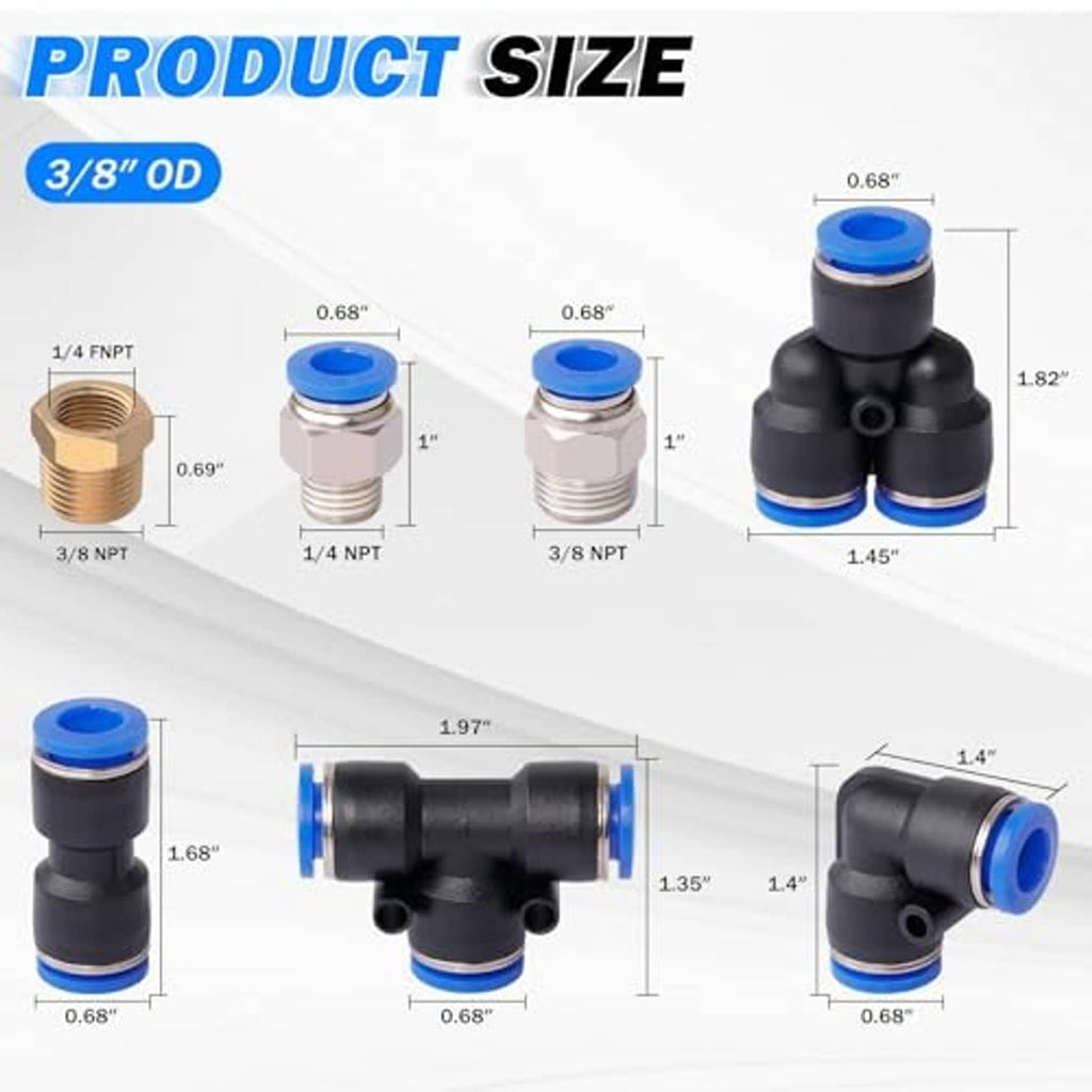 Air line tubing kit fitting size diagram with 3/8 in OD port and NPT connectors
