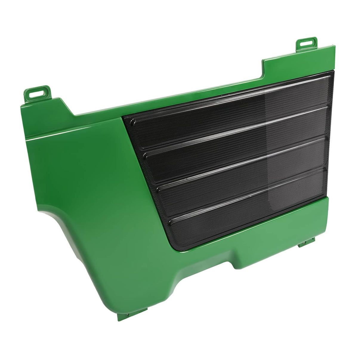 Green side panel screen grille with one black louvered insert and mounting tab