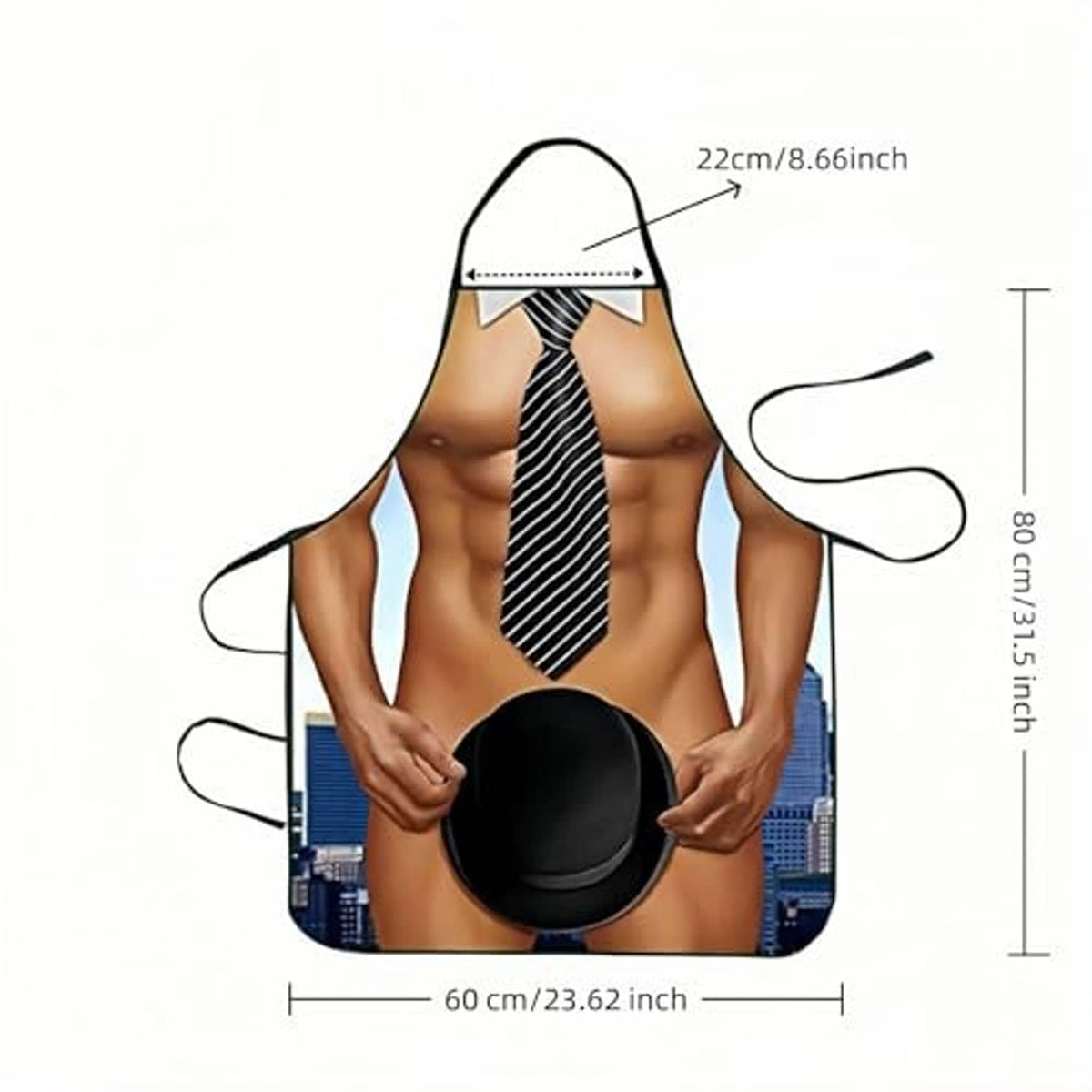 Muscle man apron graphic with striped tie, black hat center, and side waist ties