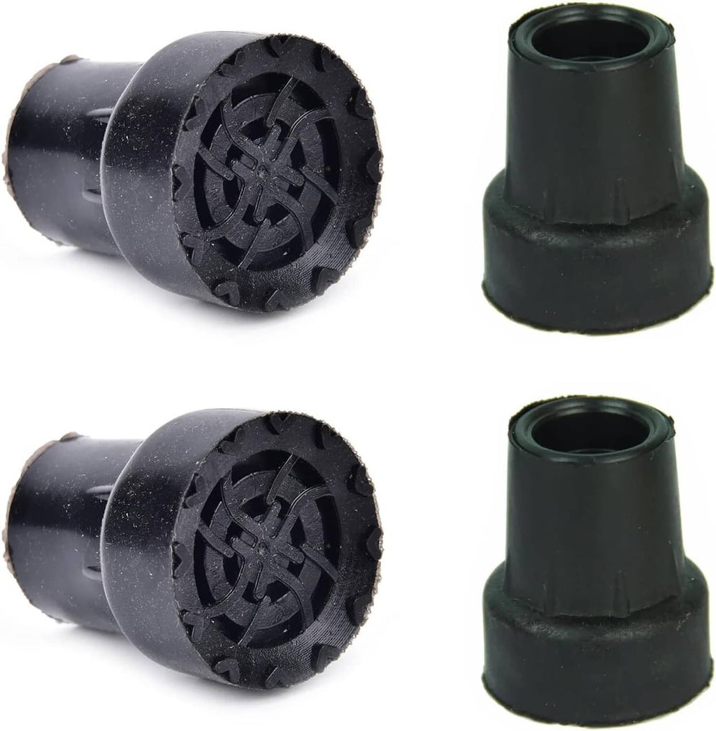 4-pack crutch tip rubber end caps, black treaded bottoms with open stems