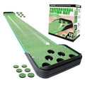 Indoor golf putting green mat with ball, cup holes, and teal border