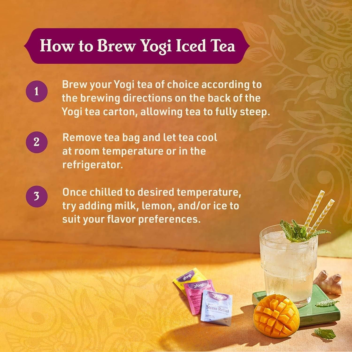 Yogi green tea decaf iced tea how-to steps with small tea packet